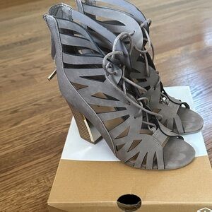Call It Spring Grey Lace-Up Cutout Heeled Sandals
